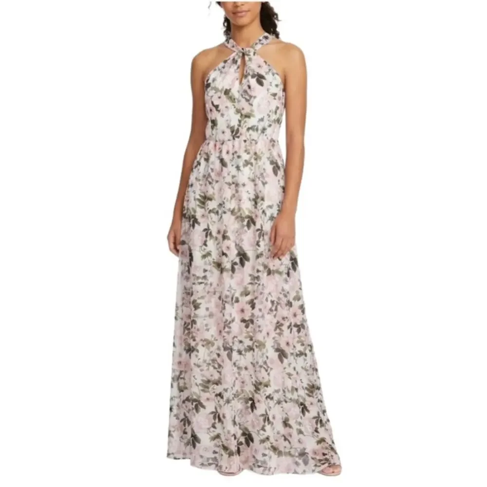 Laundry Metallic Floral Print Sleeveless Halter Maxi Dress Pink Size 16 Gown